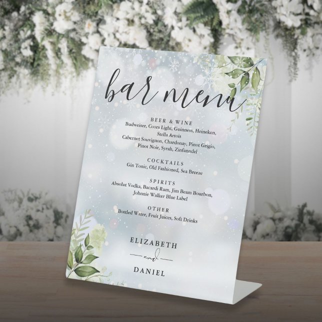 Winter-Blumengrün - Hochzeitsmenü Bar Sockelschild (Winter Floral Greenery Wedding Bar Menu Pedestal Sign)