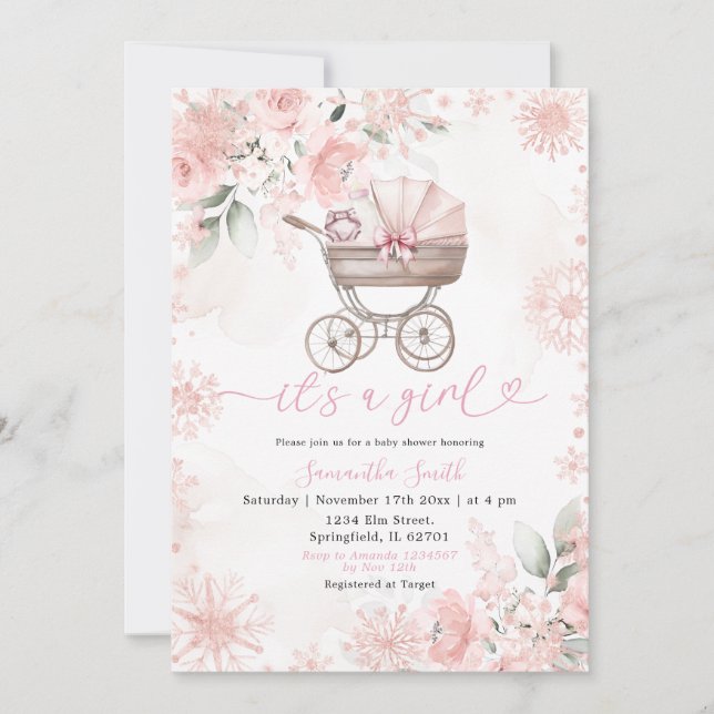 Winter Blush Floral Baby Carriage Baby Shower Einladung (Vorderseite)