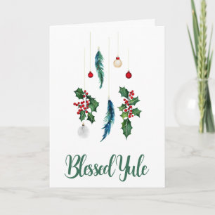 Winter Boho Blue Feathers & Holly Weihnachten Sols Karte