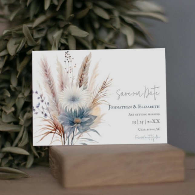 Winter Boho Floral | Weißes Save the Date (White Winter Boho Floral Wedding Save the Date)