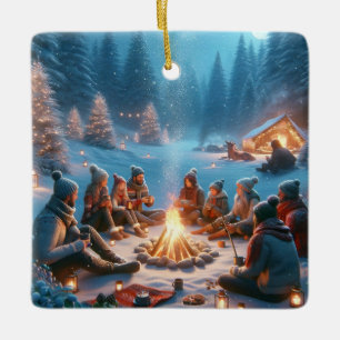 "Winter Bonfire Embrace: Wärme im Schnee" Keramikornament