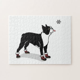 Winter-Boston-Terrier-Hundepuzzlespiel mit Puzzle
