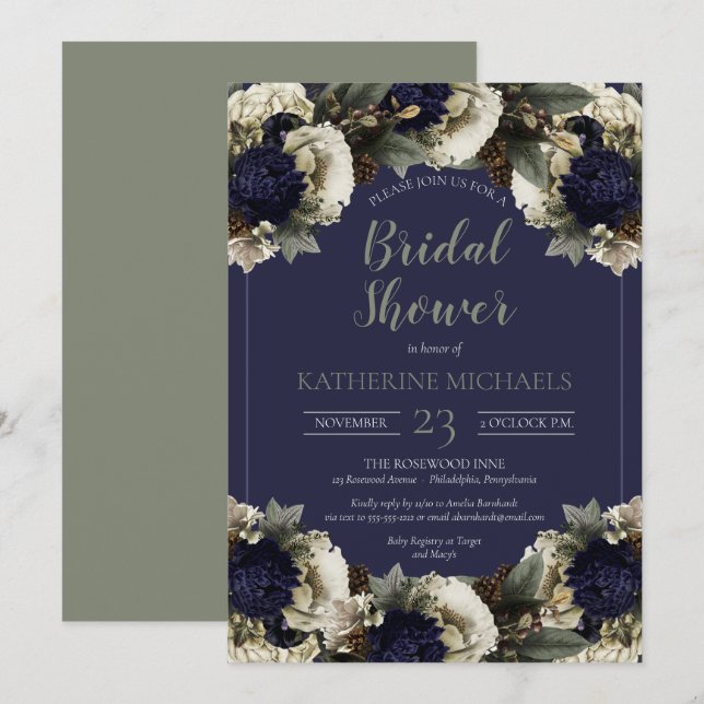 Winter Botanical Blue | Winterweißes Brautparty Einladung (Vorne/Hinten)