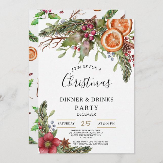 Winter Botanical Christmas Invite | Rustic Dinner  Einladung (Vorne/Hinten)
