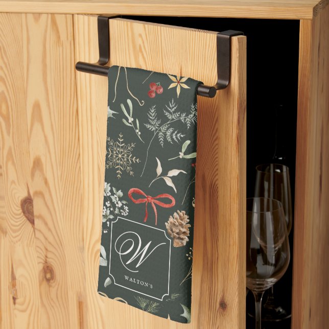 Winter Botanical Festivals Monogram Geschirrtuch (Drittel gefaltet)