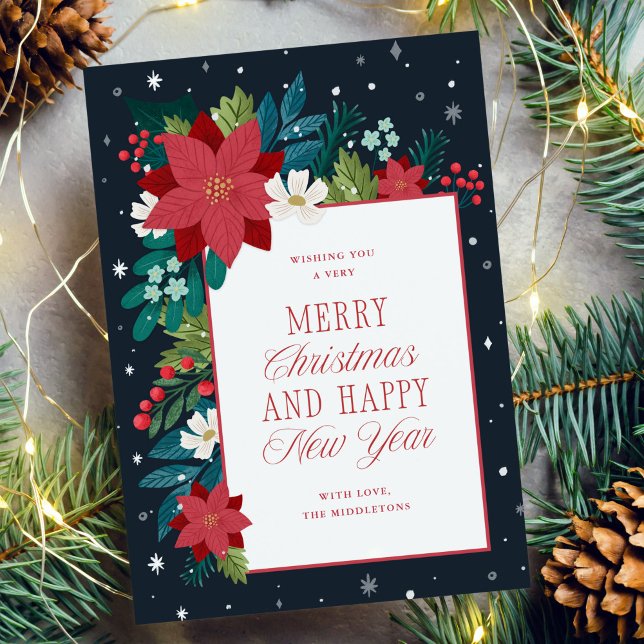 Winter Botanisch farbenfrohe Weihnachten (illustrated winter botanical flowers and leaves Merry Christmas greeting card)