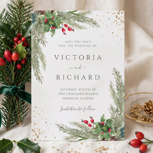 Winter Botanische Grünpflanzen Hochzeit Save The Date