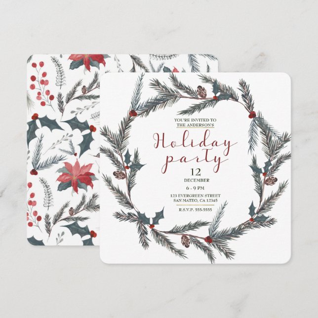 Winter Botanische Pine Berry Wreath Holiday Party Einladung (Vorne/Hinten)
