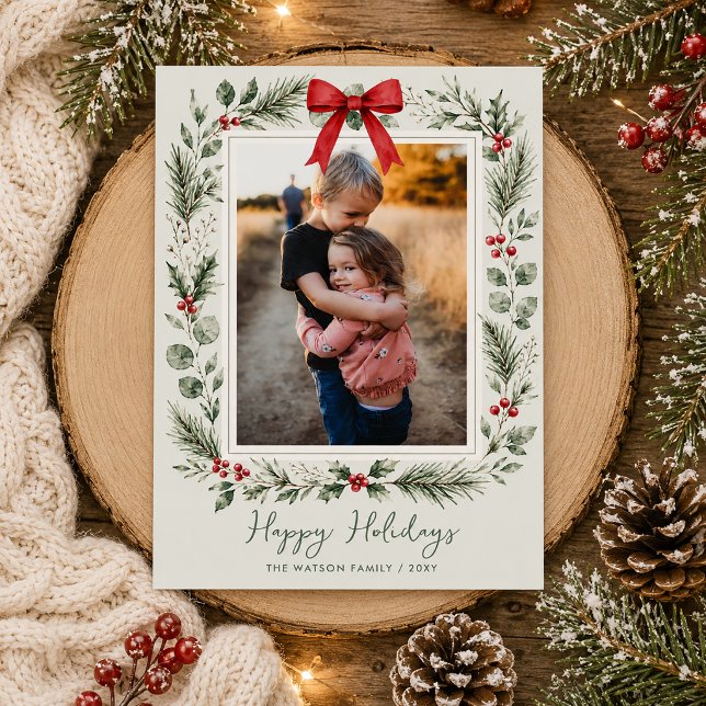 Winter Botanischer Roter Bogen Weihnachten 4 Foto  (Winter Botanical Red Bow Christmas 4 Photo Holiday Card)