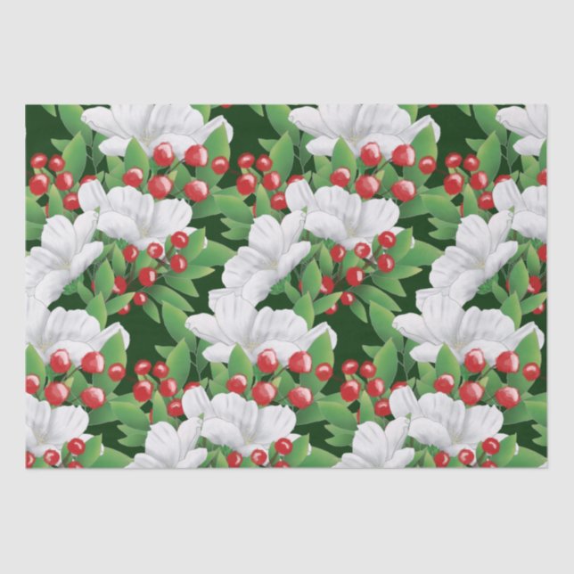 Winter Bouquet White Red Green Floral | Dunkelgrün Seidenpapier (Vorderseite)