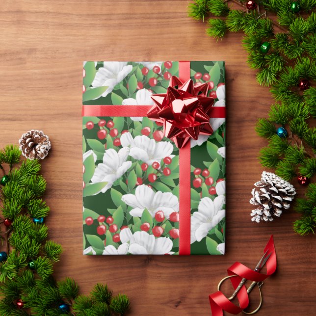 Winter Bouquet White Red Green Floral | Green Geschenkpapier (Feiertagsgeschenk)