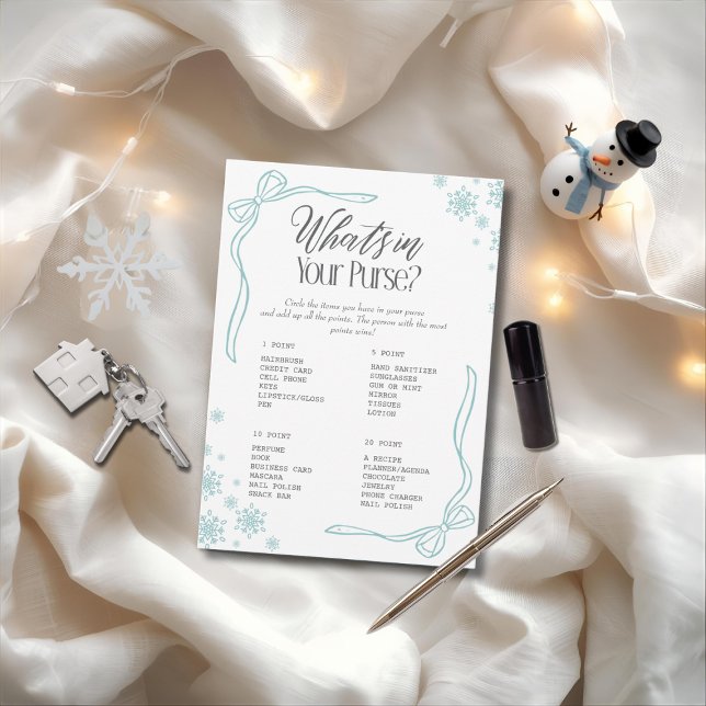 Winter Bow grün Was ist in deiner Handtasche? Spie Einladung (Winter Bow green What's In your Purse? Game)