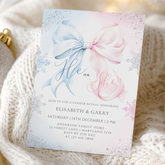 Winter Bows Snowflakes Gender Reveal Invitation Einladung (Von Creator hochgeladen)