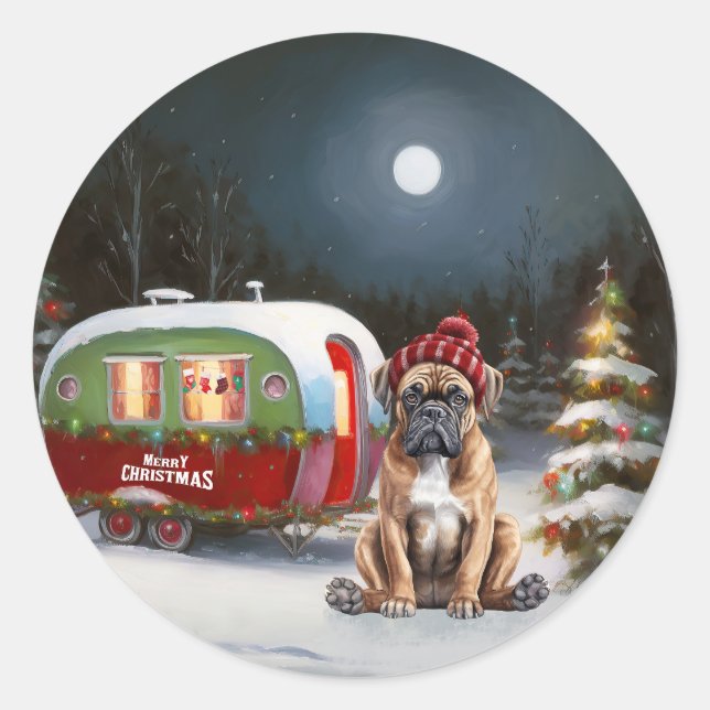 Winter Boxer Caravan Weihnachtsabenteuer Runder Aufkleber (Vorderseite)