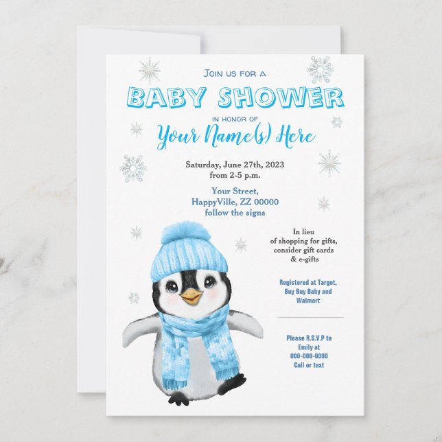 Winter Boy Penguin Baby Dusche BlueEinladung Einladung (Vorderseite)
