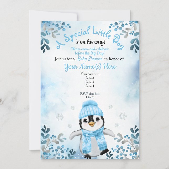 Winter Boy Pinguin Dusche Einladung Blauer Schnee (Vorderseite)