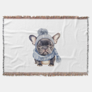 Winter Bulldog Baby in blauer Mütze und Schal Decke