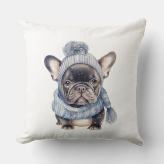 Winter Bulldog Baby in blauer Mütze und Schal Kissen