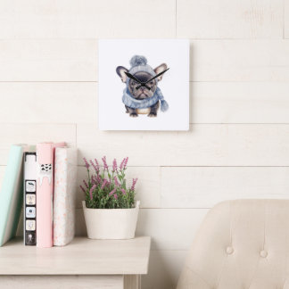 Winter Bulldog Baby in blauer Mütze und Schal Quadratische Wanduhr