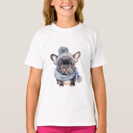 Winter Bulldog Baby in blauer Mütze und Schal  T-Shirt