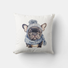 Winter Bulldog Baby in Blue Cap and Scarf Kissen