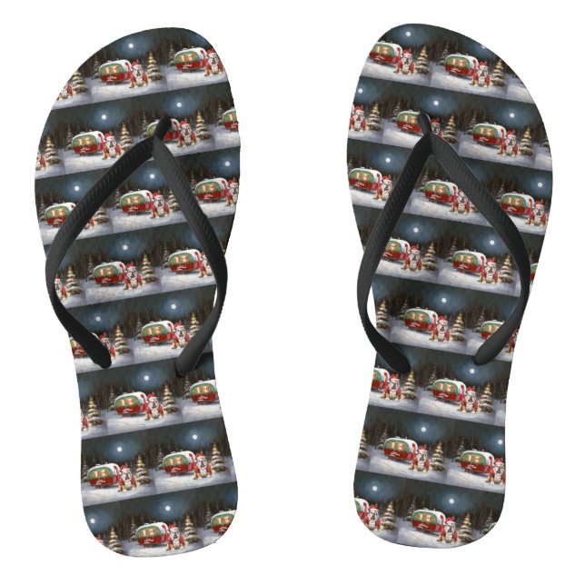 Winter Bulldog Caravan Weihnachtsabenteuer Flip Flops (Fußbett)
