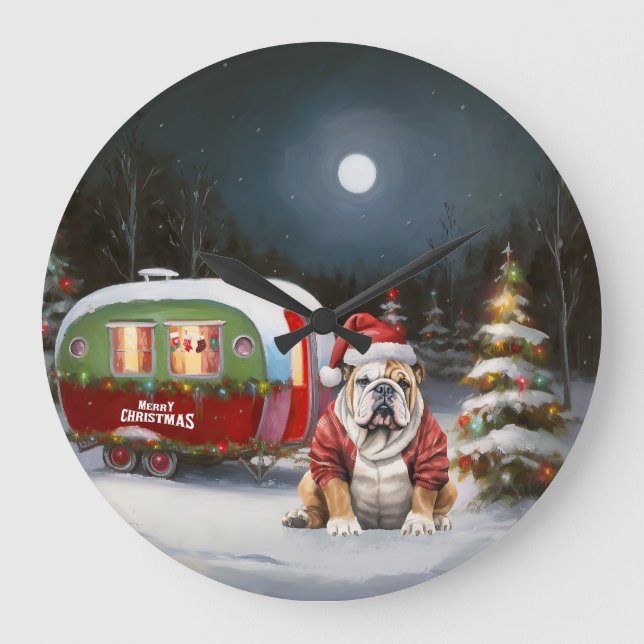Winter Bulldog Caravan Weihnachtsabenteuer Große Wanduhr (Vorderseite)