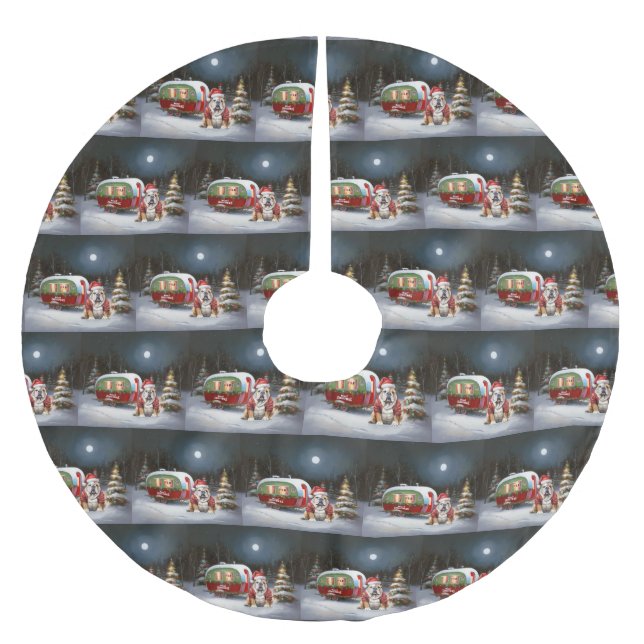 Winter Bulldog Caravan Weihnachtsabenteuer Polyester Weihnachtsbaumdecke (Vorderseite)