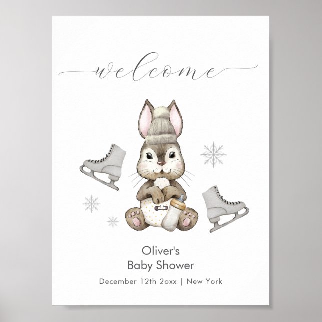 Winter Bunny Ice Skate Baby Shower Welcome  Poster (Vorne)