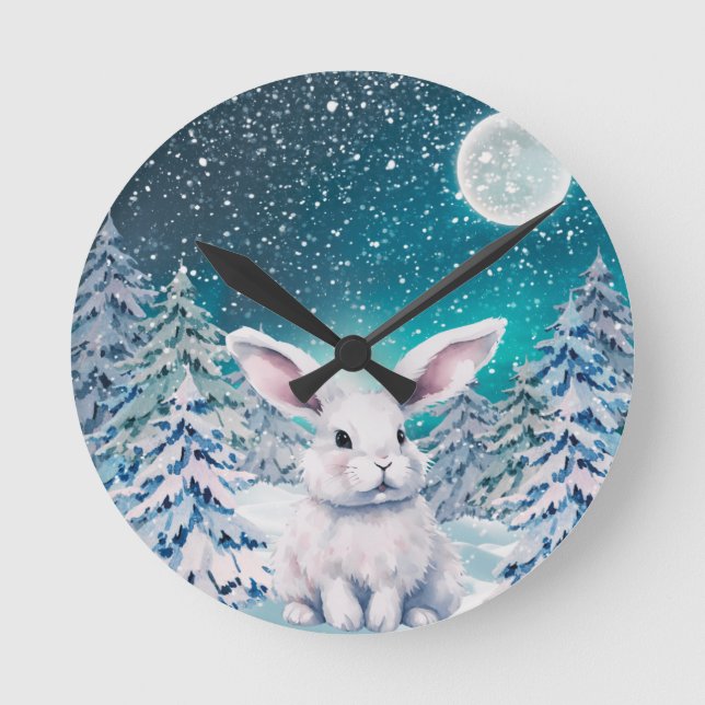 Winter Bunny in Snow Wall Clock Runde Wanduhr (Vorderseite)