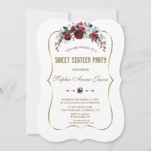 Winter Burgund Floral Kiefer Gold Sweet Sixteen Einladung