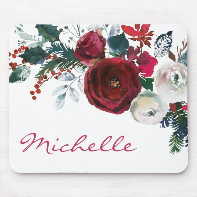 Winter Burgund Peony Rose Pine Bouquet Mousepad (Vorne)
