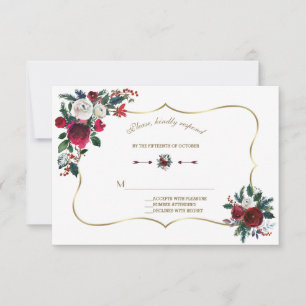 Winter Burgund Pine Gold Wedding RSVP