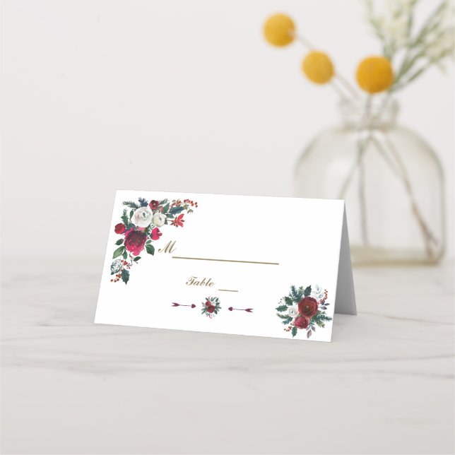 Winter Burgund Pine Wedding Tischnummer Platzkarte (Vorderseite)
