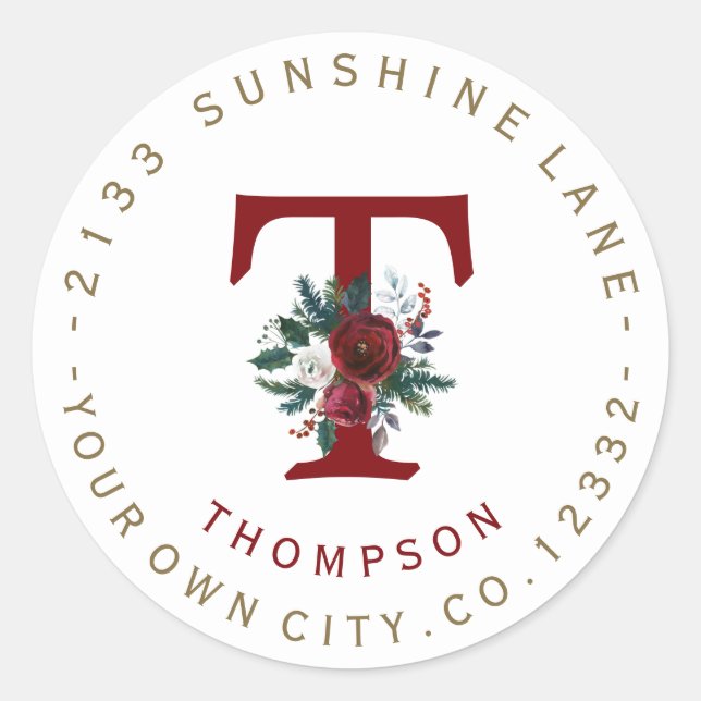 Winter Burgundy Floral Monogram Address Label Runder Aufkleber (Vorderseite)