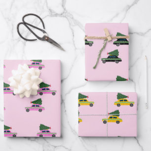 Winter Cab Taxi Fir Tree Muster Rosa Weihnachten Geschenkpapier Set