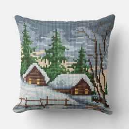 Winter Cabin Cross Stitch Style Throw Pillow Kissen