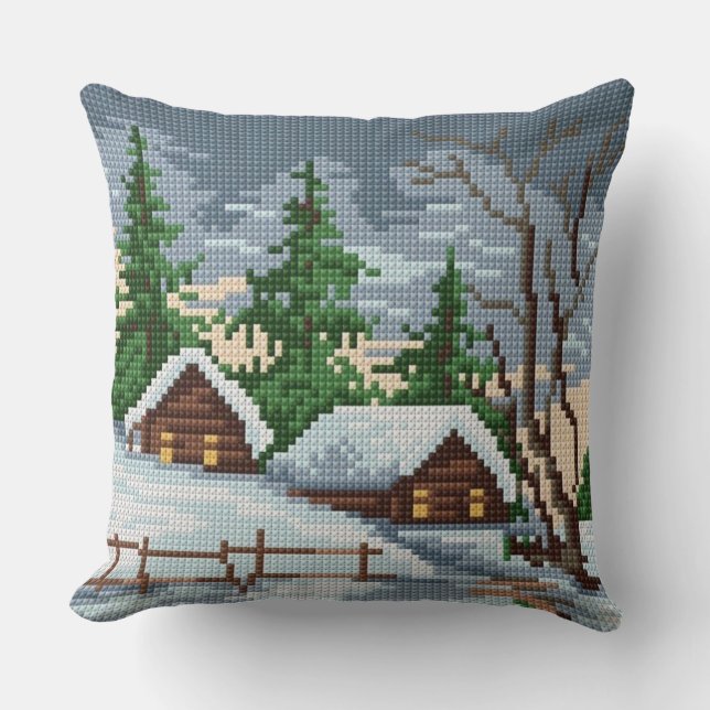 Winter Cabin Cross Stitch Style Throw Pillow Kissen (Vorderseite)