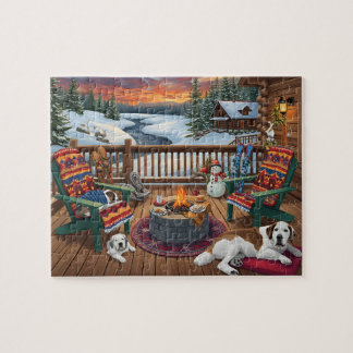 Winter Cabin Deck Dogs Fire Pit Snow Scene Puzzle