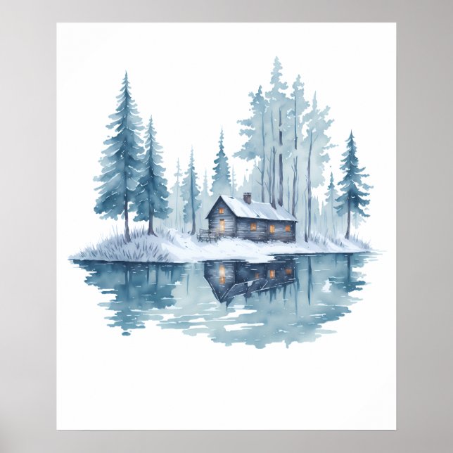 Winter Cabin Retreat Aquarellmalerei Poster (Vorne)