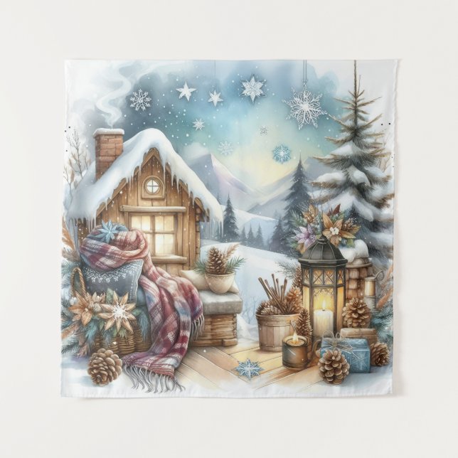 Winter Cabin Tapestry Wandteppich (Vorderseite)