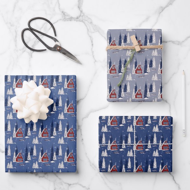 Winter Cabin Wrapping Paper Set von 3 Blättern Geschenkpapier Set (Vorderseite)