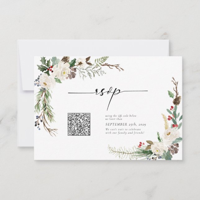 Winter Calligraphy Botanicals QR Code Wedding RSVP Einladung (Vorderseite)