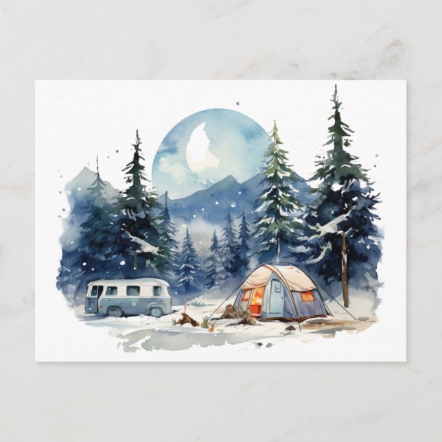 Winter Camping Wasserfarbe Postkarte (Vorderseite)