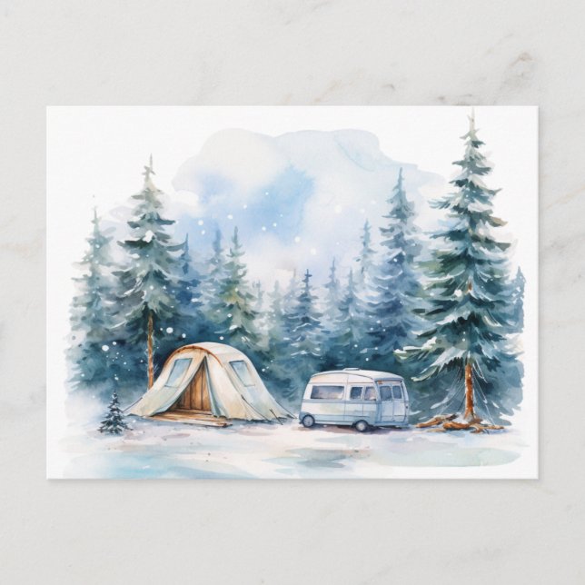 Winter Camping Wasserfarbe Postkarte (Vorderseite)
