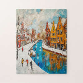 Winter Canal with Snowy Streets and Colorful House Puzzle