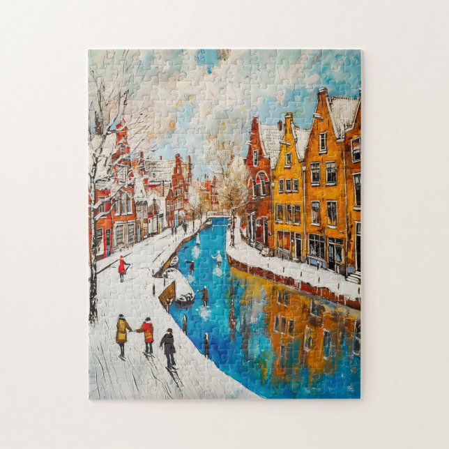Winter Canal with Snowy Streets and Colorful House Puzzle (Vertikal)