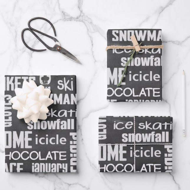 Winter Chalkboard Collage Geschenkpapier Set (Vorderseite)