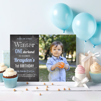 Winter Chalkboard Foto Boy's 1. Geburtstag Einladung
