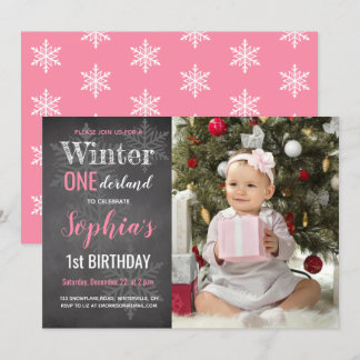 Winter Chalkboard Foto Girl's 1. Geburtstag Einladung